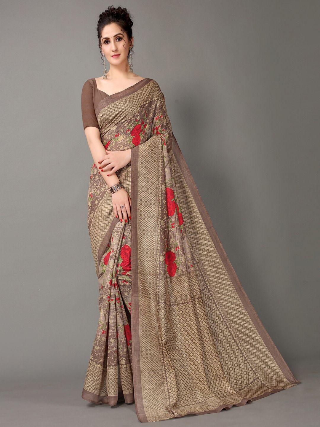 shaily brown & red floral printed zari saree
