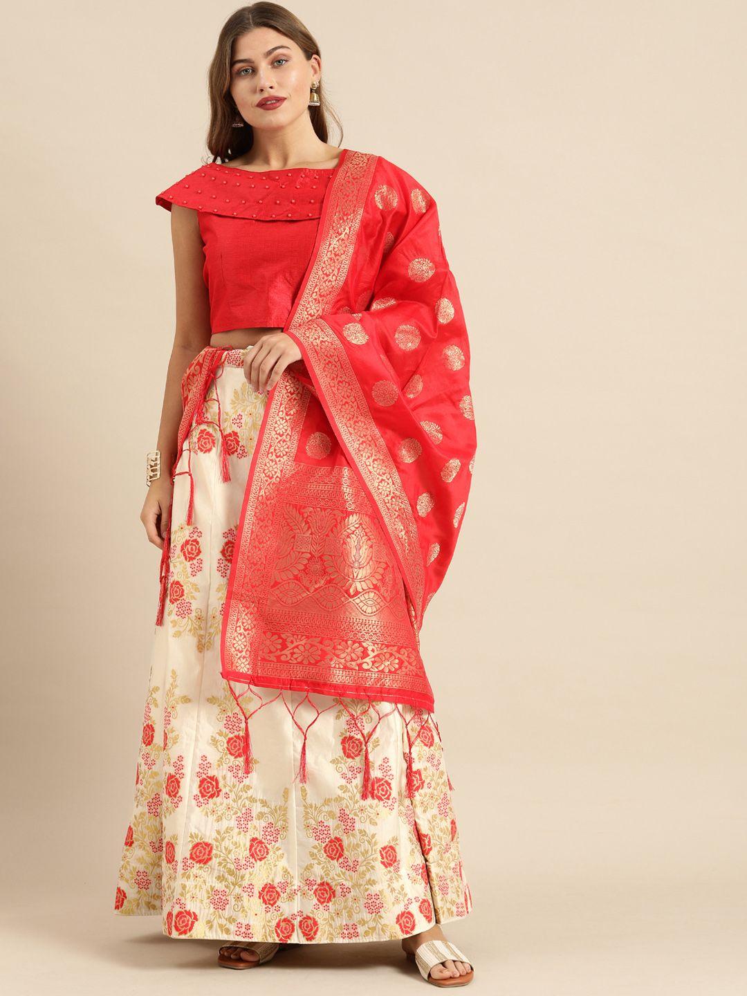 shaily cream-coloured & coral embellished semi-stitched lehenga & ready to wear blouse with dupatta