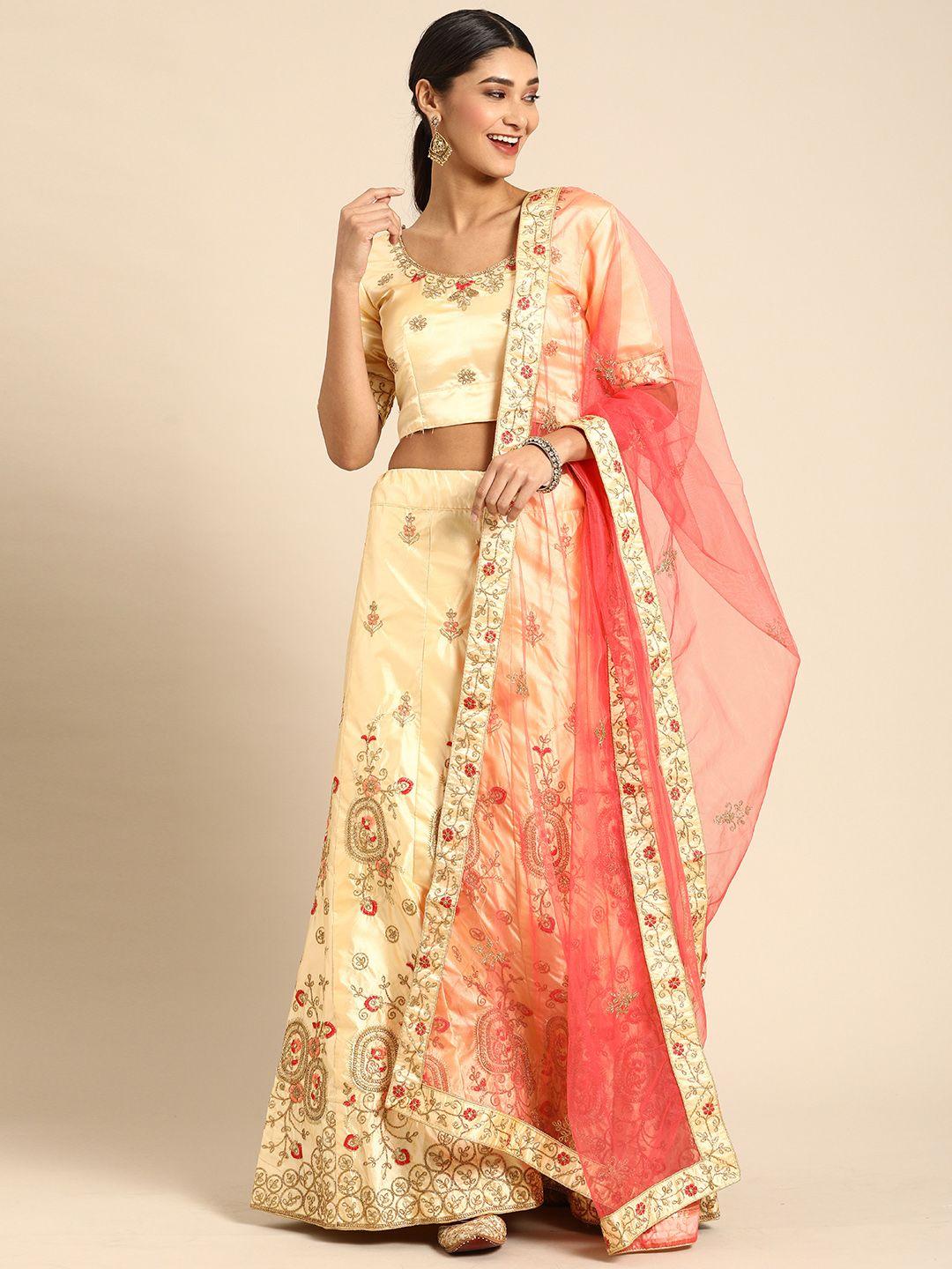 shaily cream-coloured & golden semi-stitched lehenga & unstitched blouse with dupatta