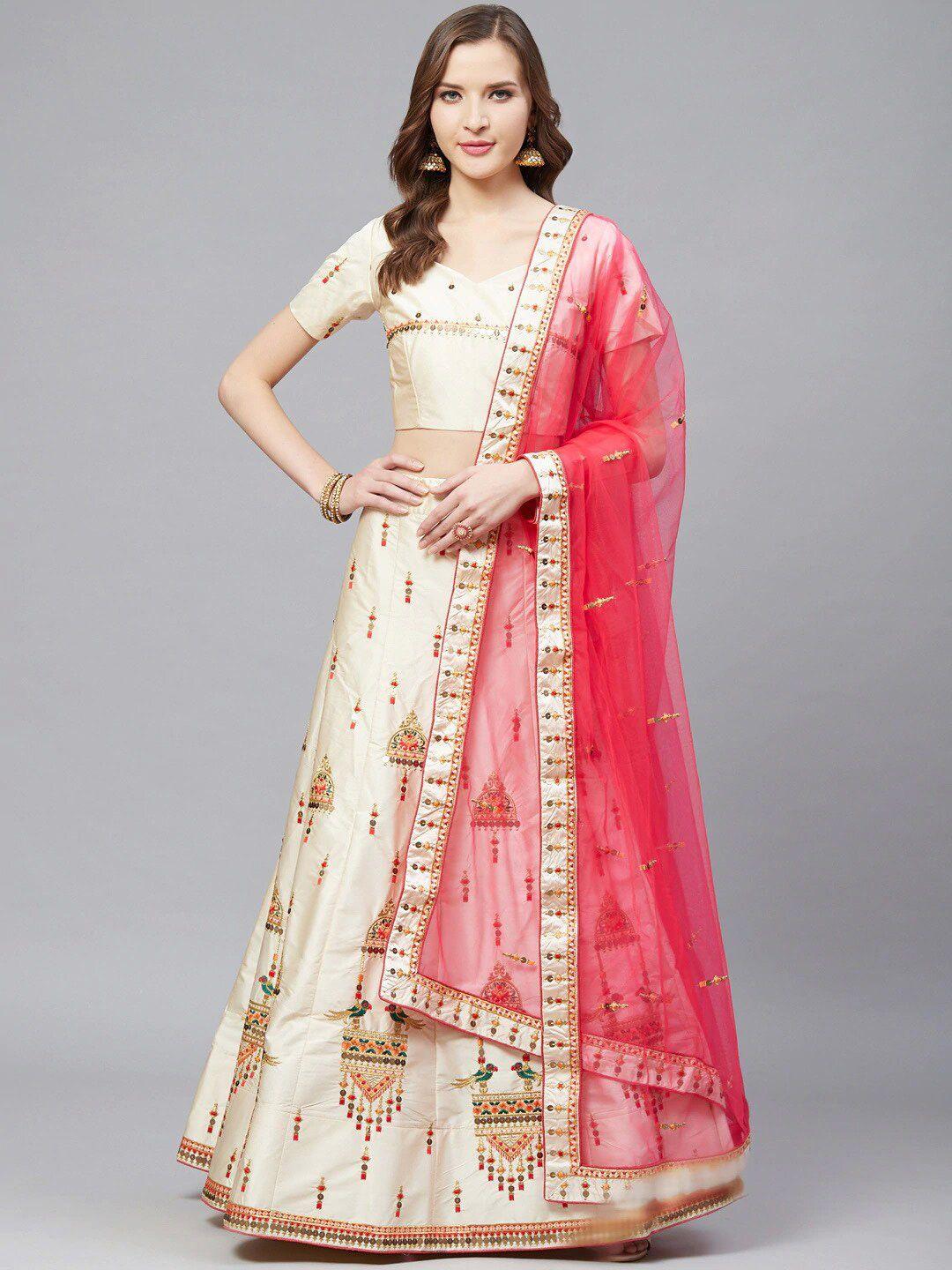 shaily embroidered thread work semi-stitched lehenga & blouse with dupatta