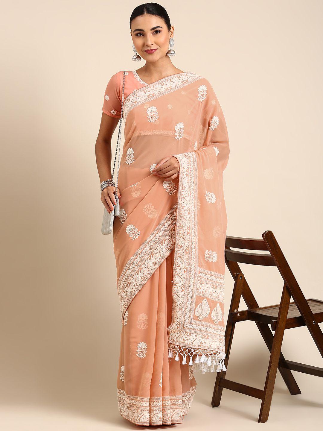 shaily floral embroidered chikankari pure georgette saree