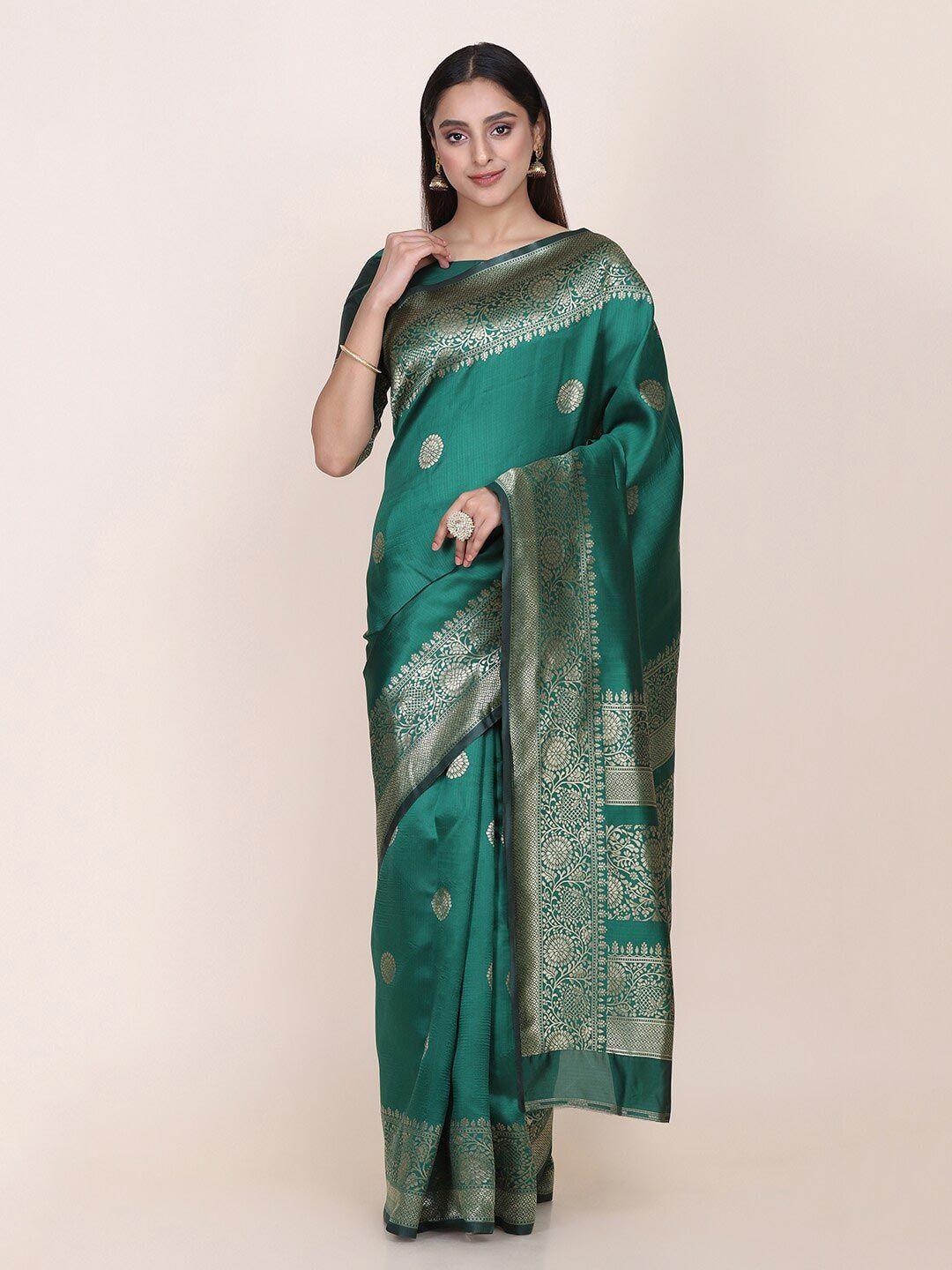 shaily green & golden ethnic motifs zari silk blend saree
