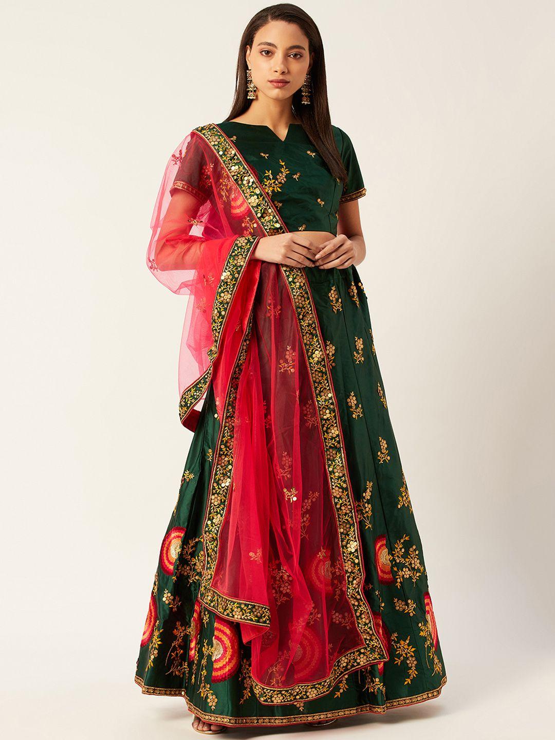 shaily green & peach-coloured embroidered semi-stitched lehenga & unstitched blouse with dupatta