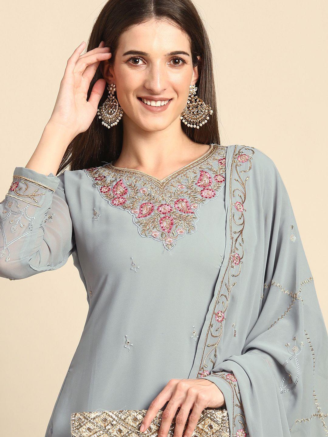 shaily grey with a tinge of blue embroidered silk georgette unstitched dress material
