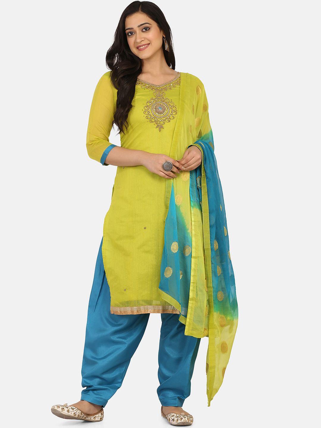 shaily lime green & blue cotton blend unstitched dress material