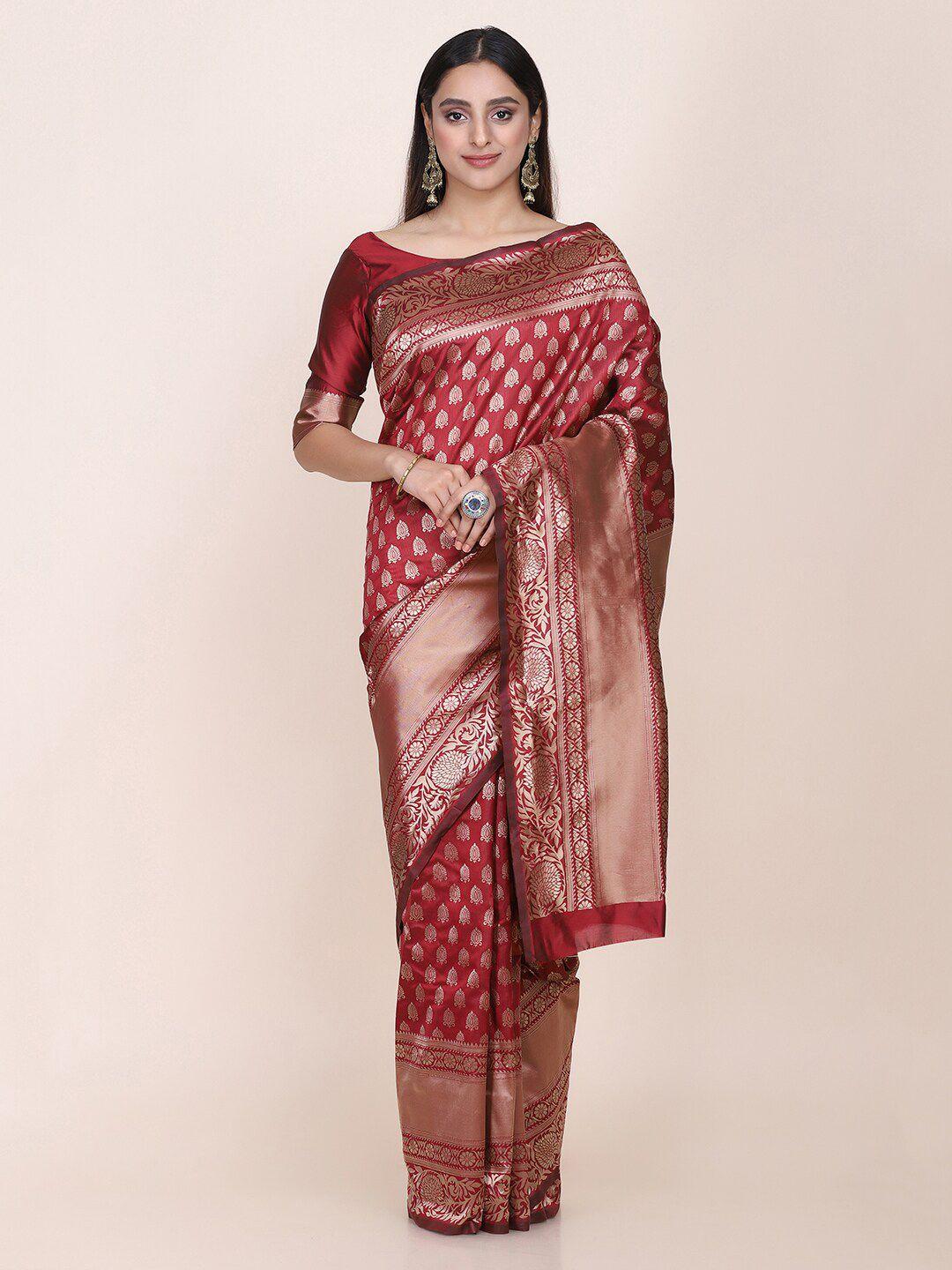 shaily maroon & gold-toned ethnic motifs silk blend saree