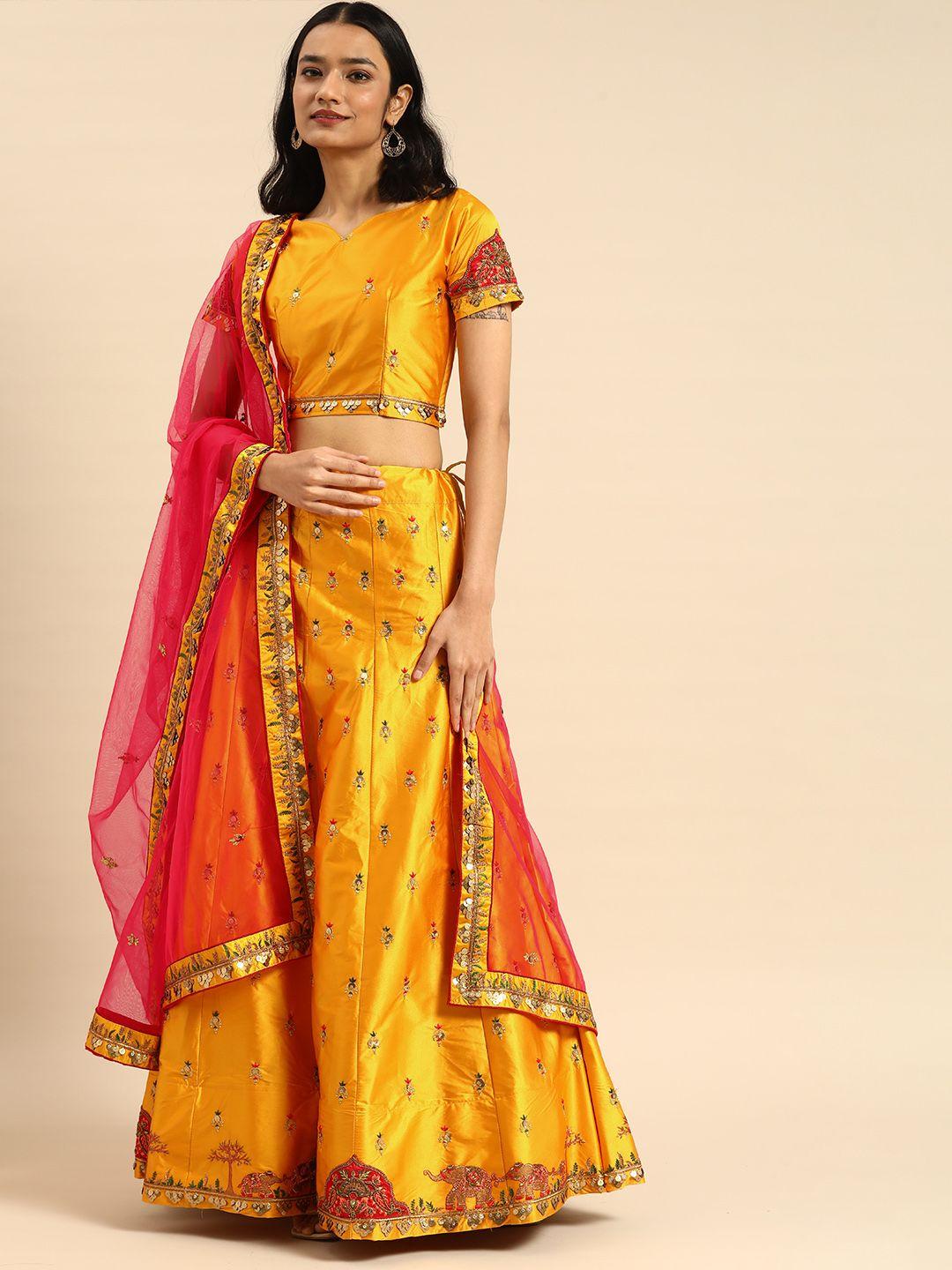 shaily mustard & pink embroidered thread work semi-stitched lehenga & unstitched blouse with dupatta