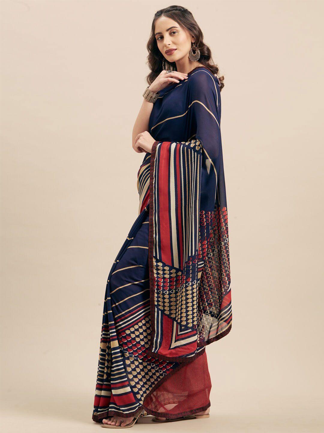shaily navy blue & red poly georgette saree