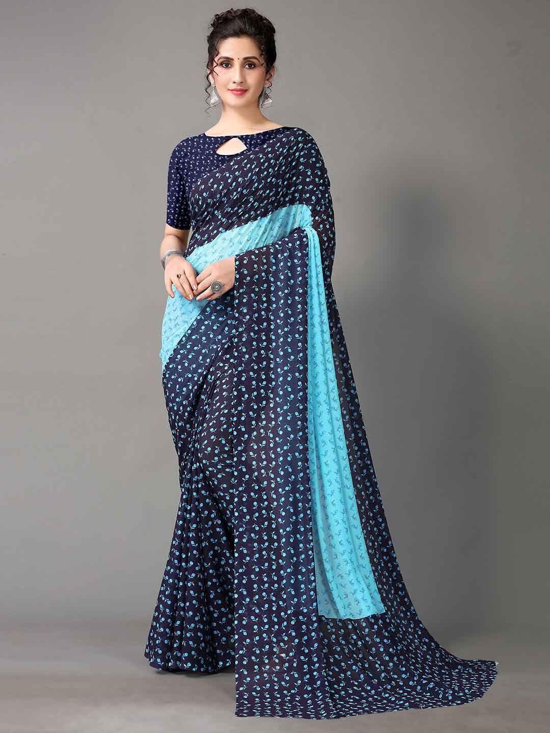 shaily navy blue floral printed saree
