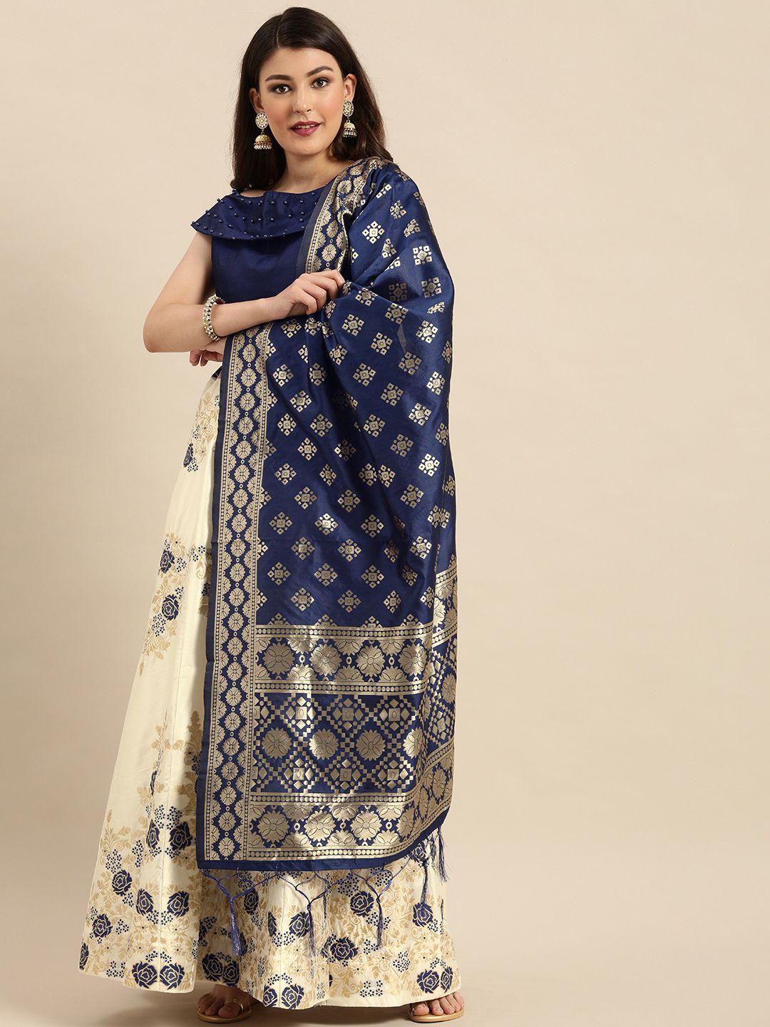 shaily off-white & navy blue zari silk blend semi-stitched lehenga & blouse with dupatta
