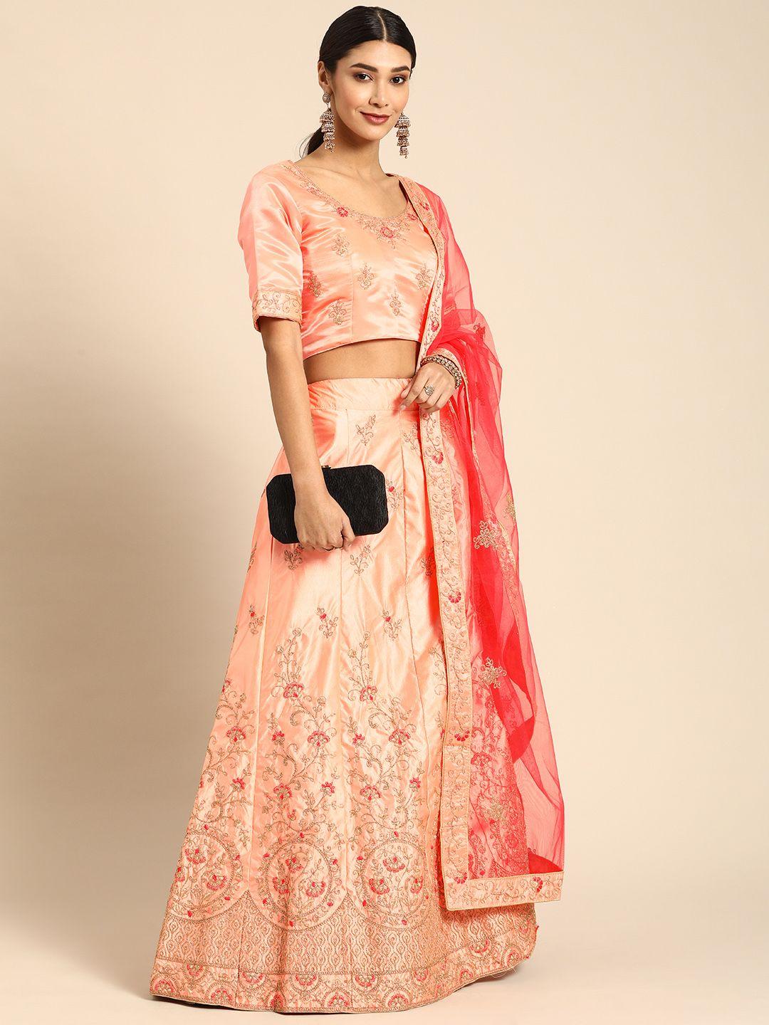 shaily peach-coloured & golden semi-stitched embroidered lehenga & blouse with dupatta