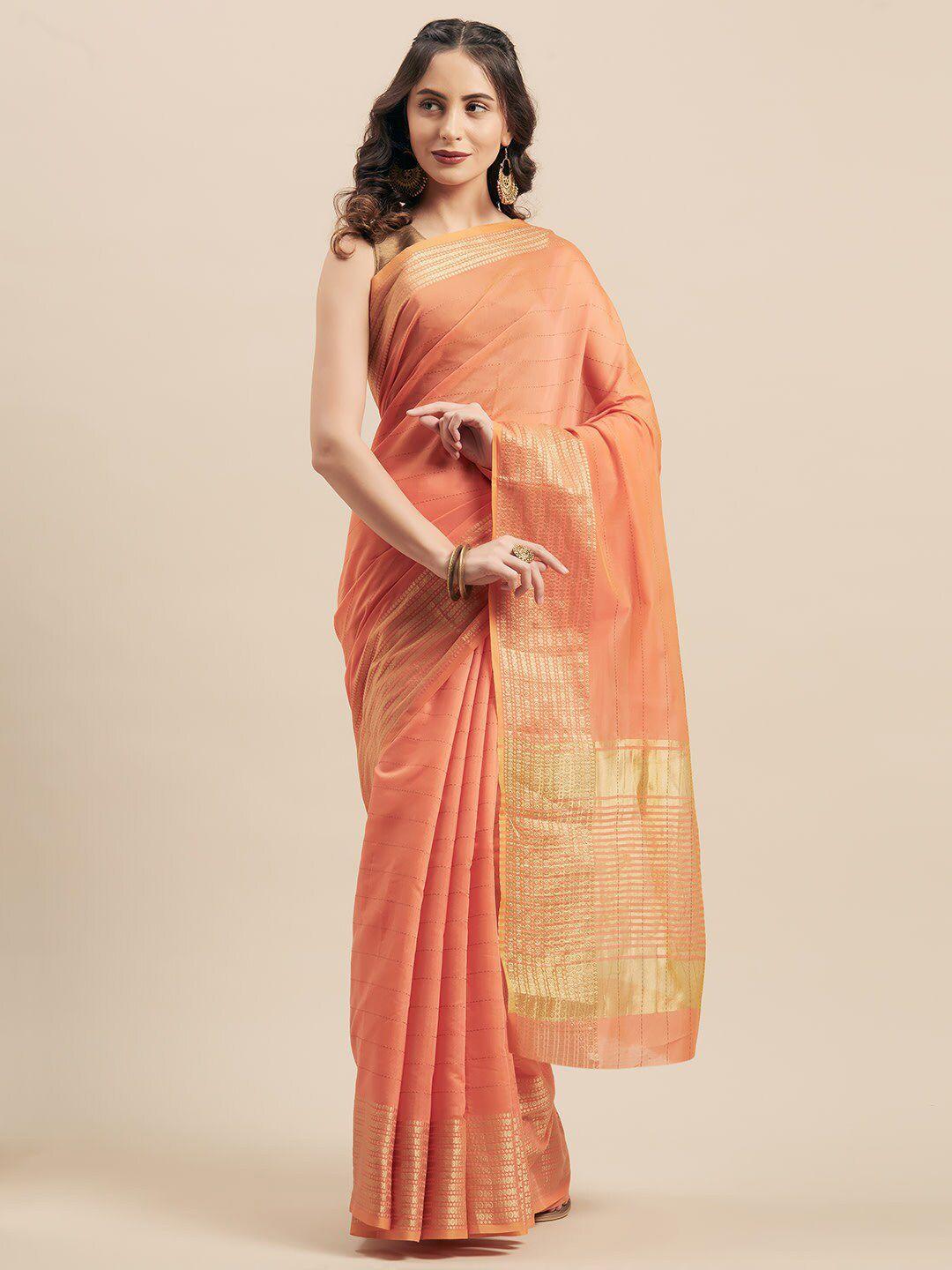 shaily peach-coloured & golden striped zari silk cotton saree