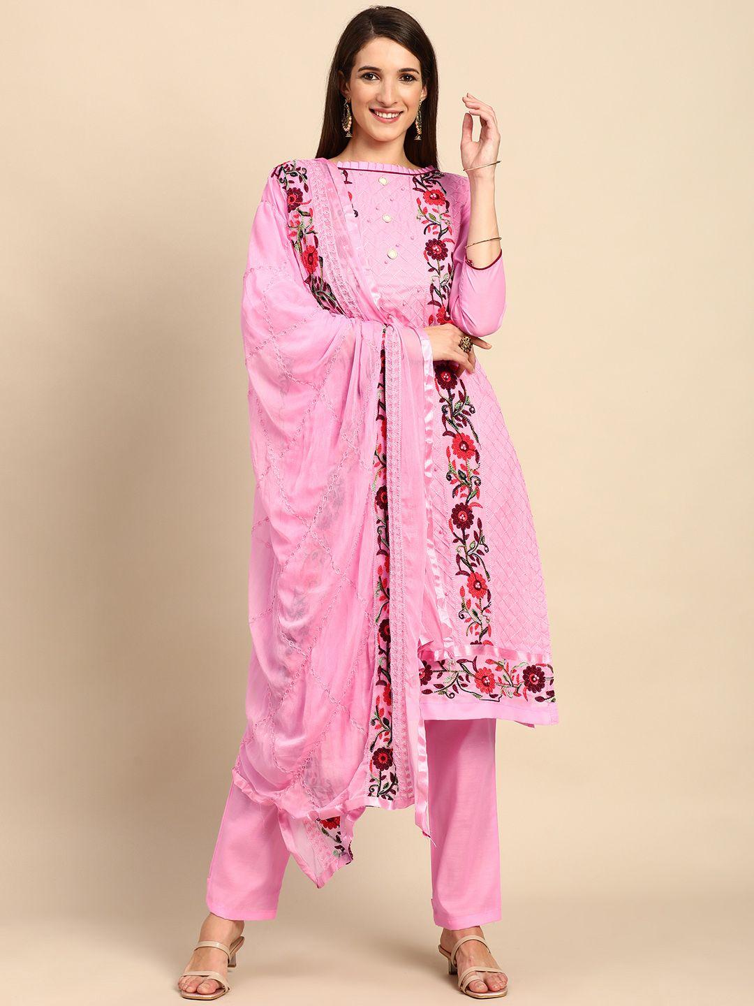 shaily pink  & maroon embroidered unstitched dress material