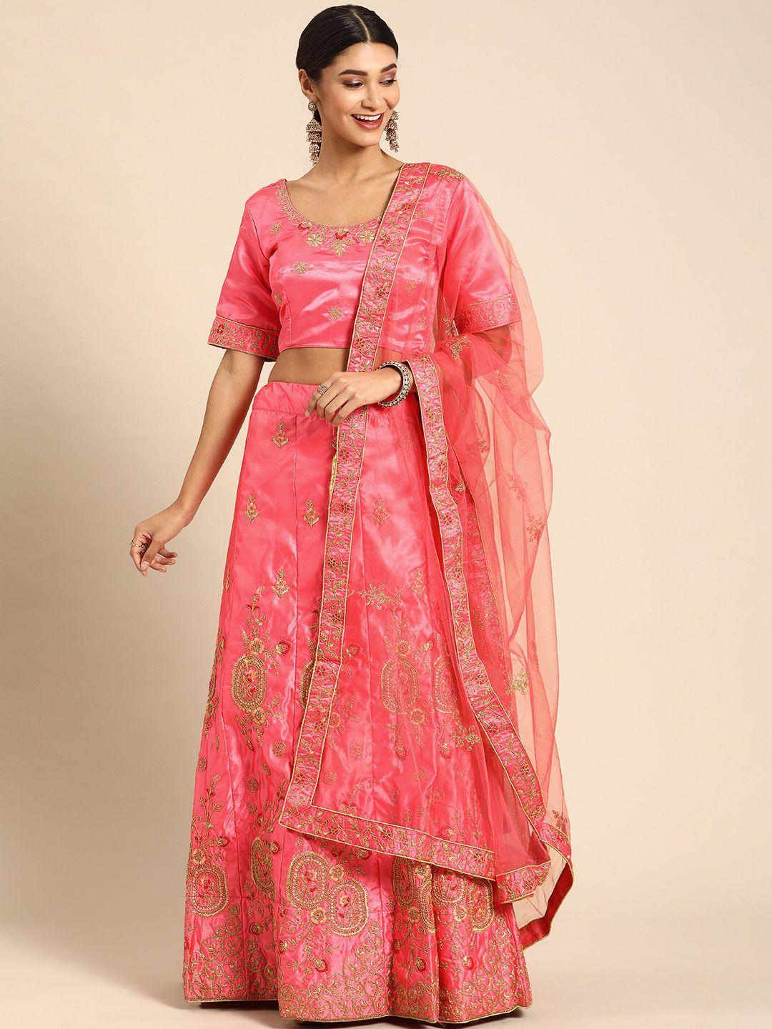 shaily pink & golden semi-stitched embroidered lehenga & blouse with dupatta
