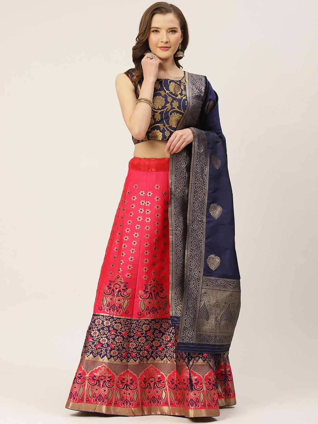 shaily pink & navy blue zari woven design semi-stitched lehenga & blouse with dupatta