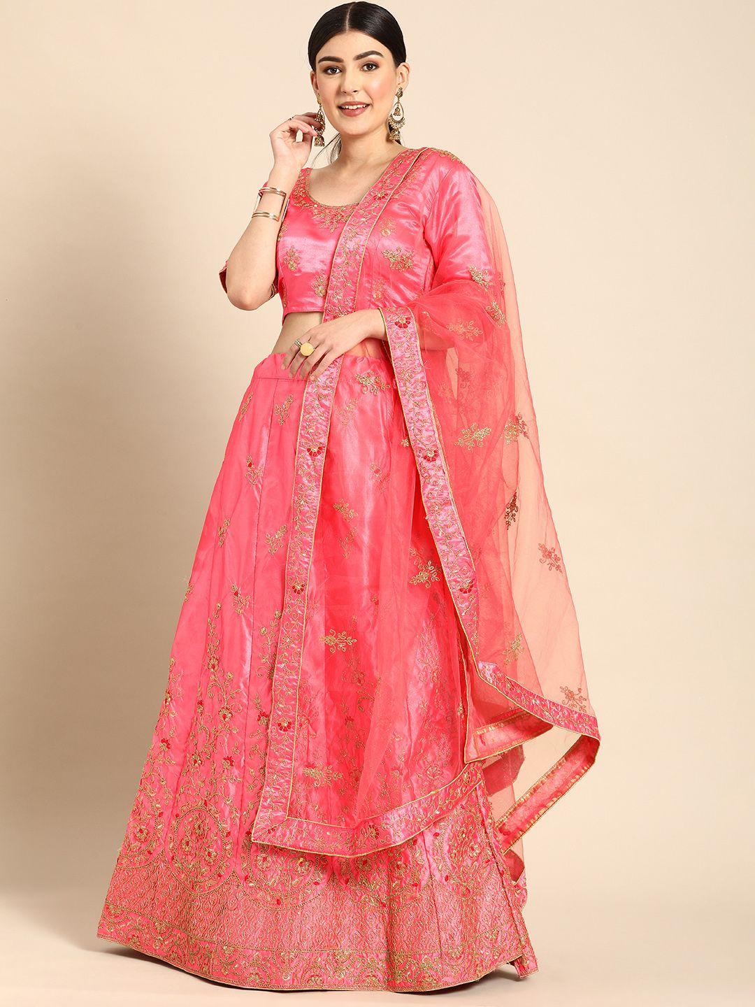 shaily pink embroidered semi-stitched lehenga & unstitched blouse with dupatta
