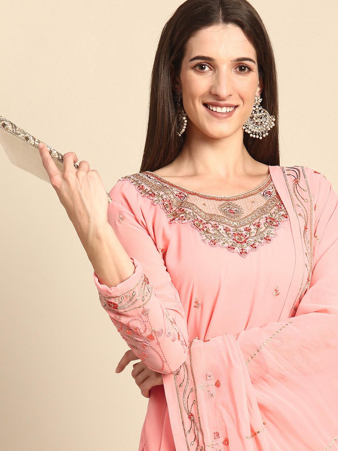 shaily pink embroidered silk georgette unstitched dress material