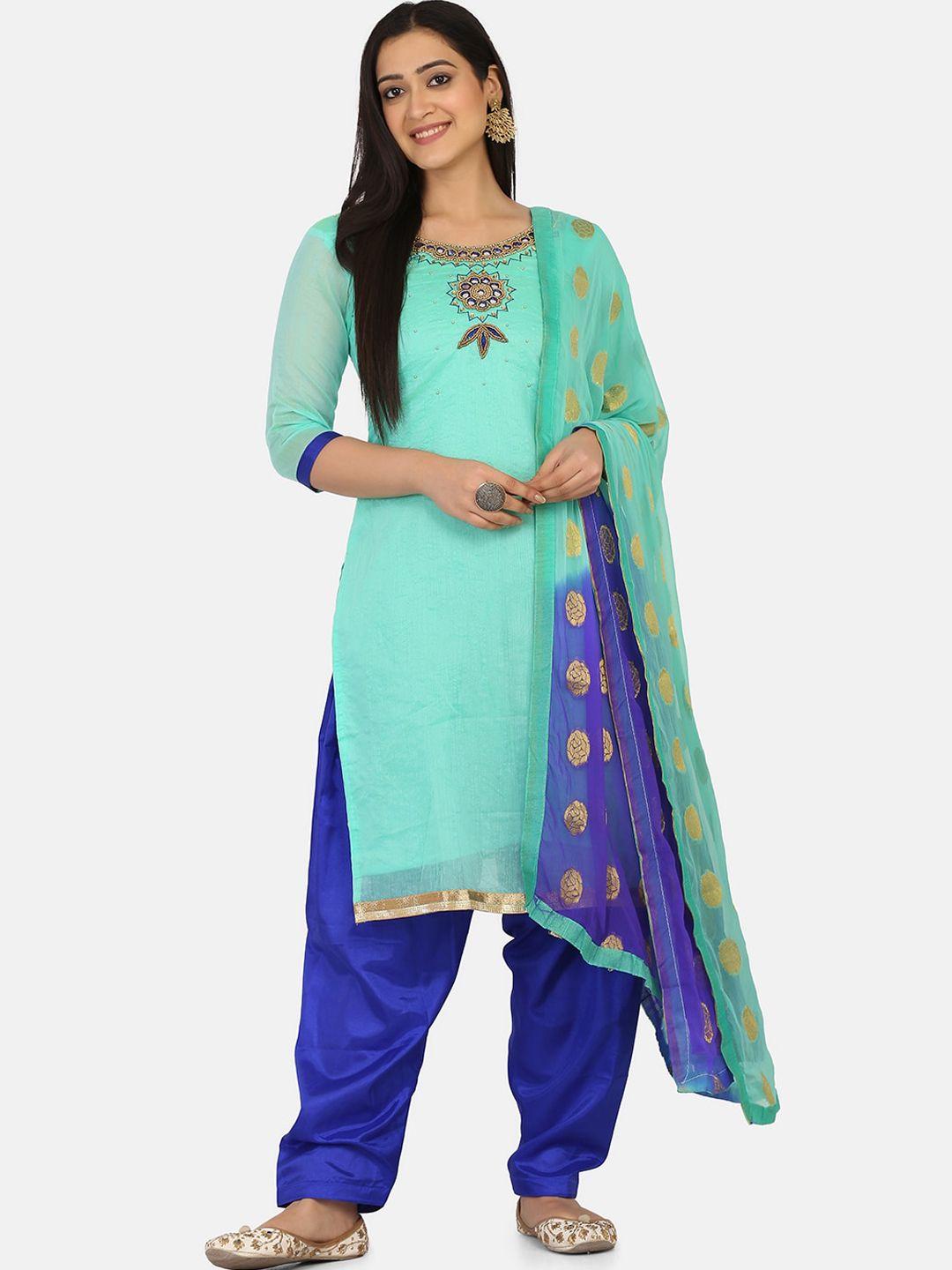 shaily sea green & blue cotton blend unstitched dress material