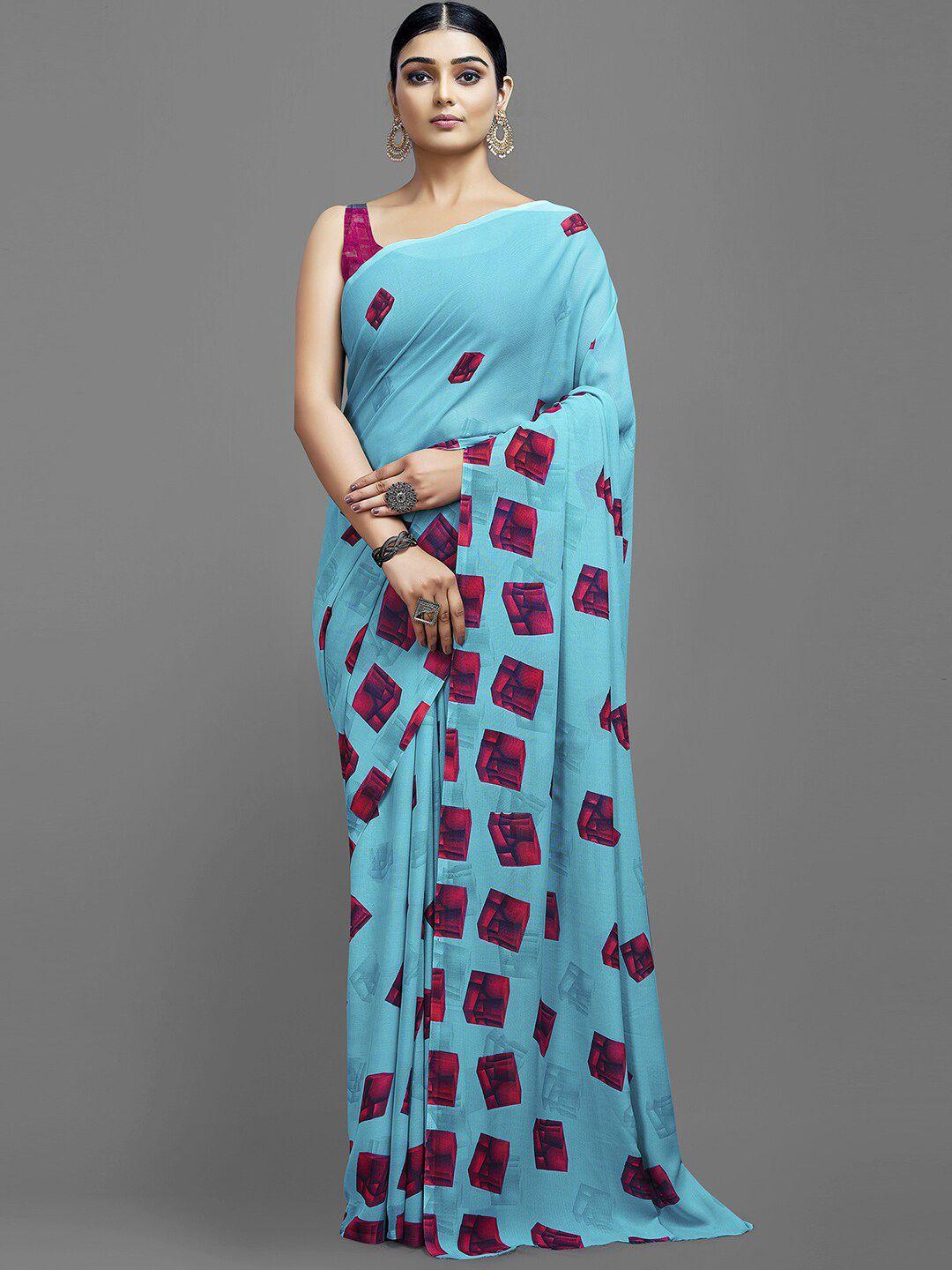 shaily turquoise blue & red poly georgette saree