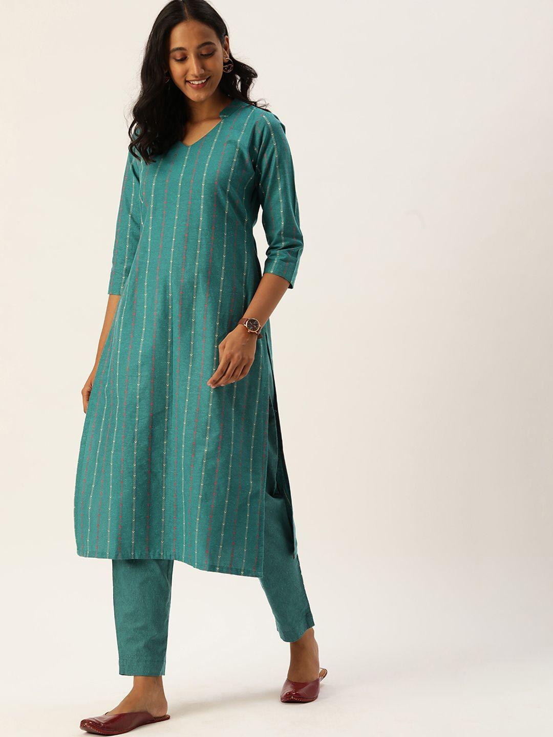 shaily turquoise blue ethnic woven design straight kurta with trousers