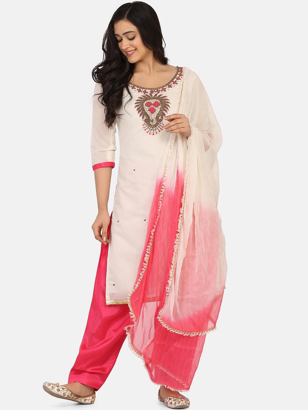 shaily white & pink cotton blend unstitched dress material