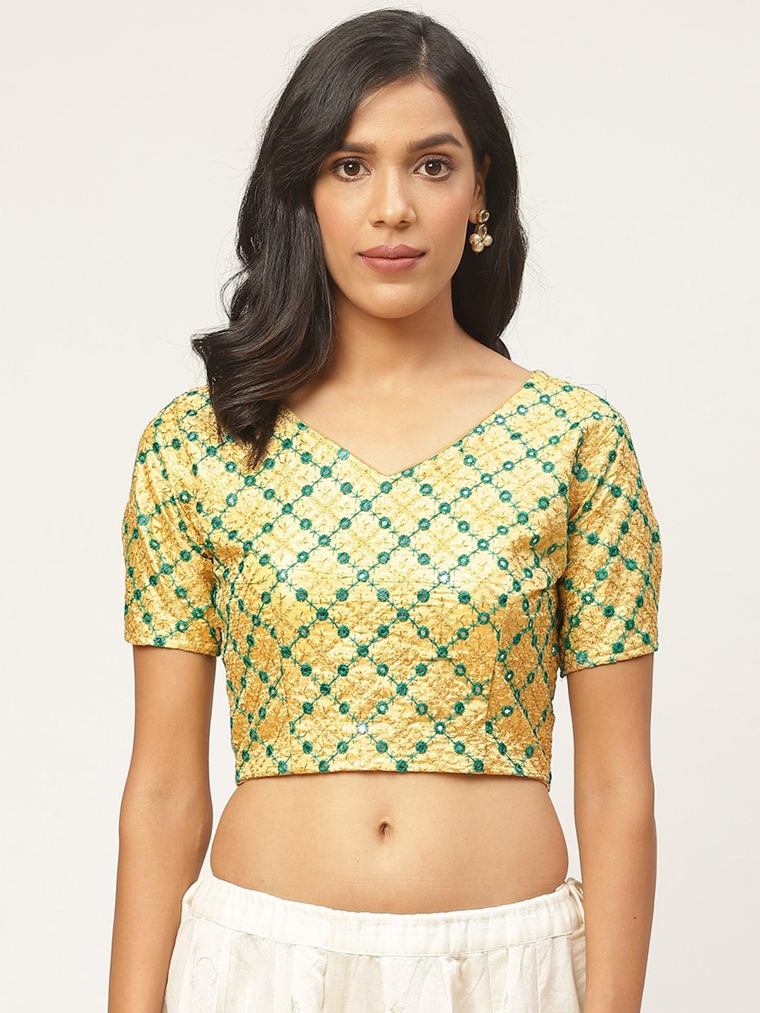 shaily women beige & green embroidered mirror-work saree blouse