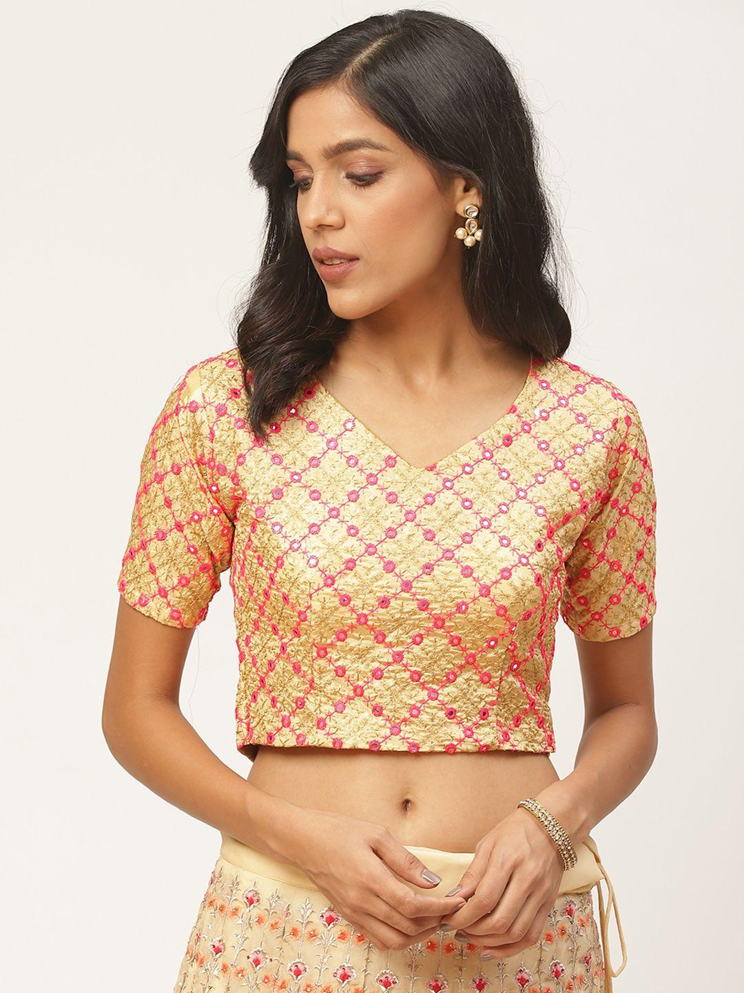 shaily women beige & pink embellished saree blouse