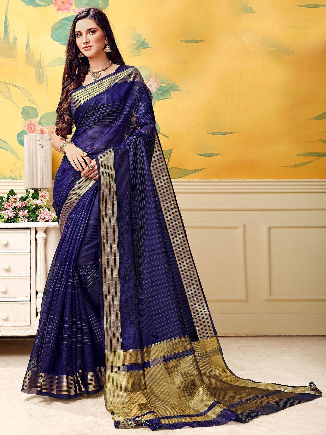 shaily women blue & gold-toned striped zari silk blend kanjeevaram saree