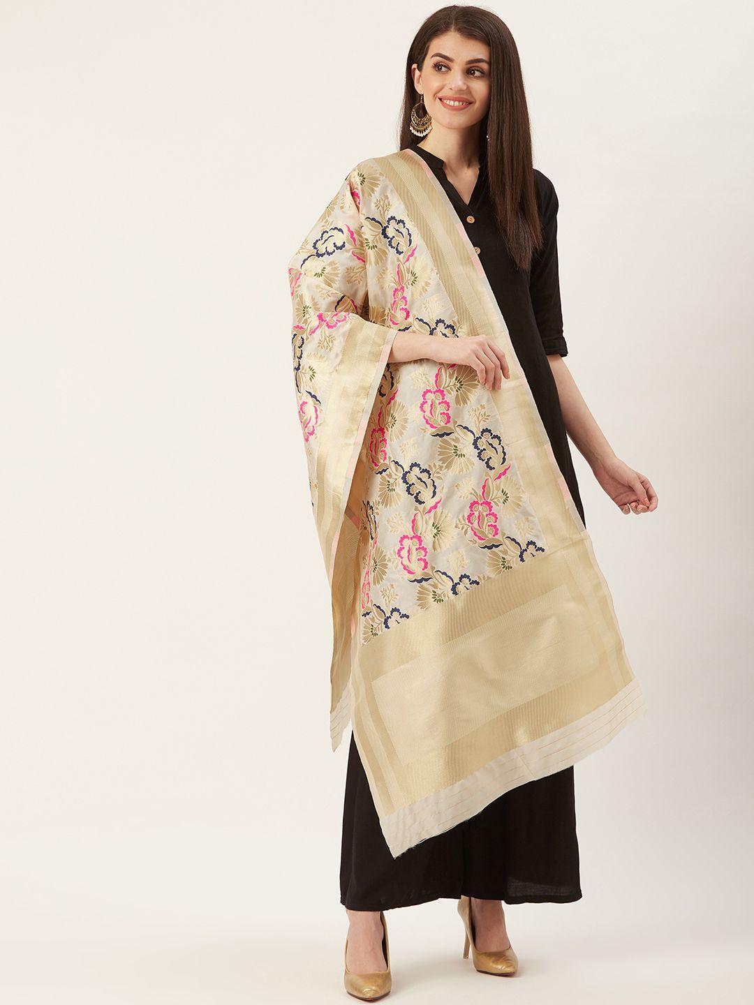 shaily women cream-coloured & pink zari woven design dupatta