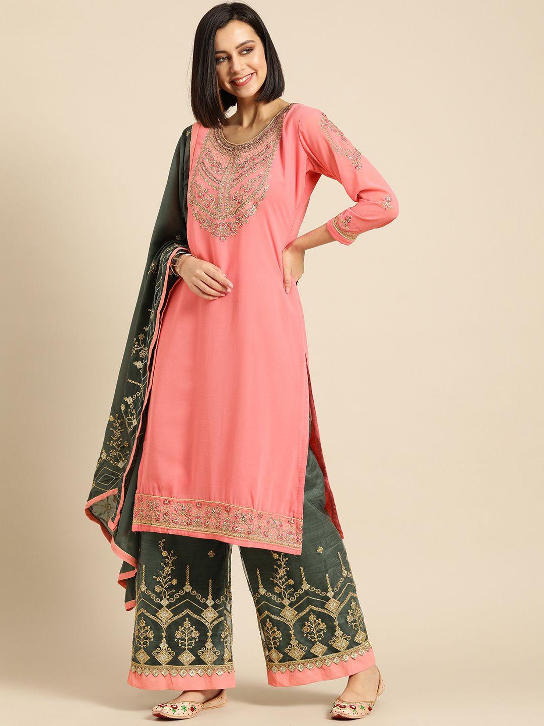 shaily women dusty pink & green embroidered silk georgette unstitched dress material