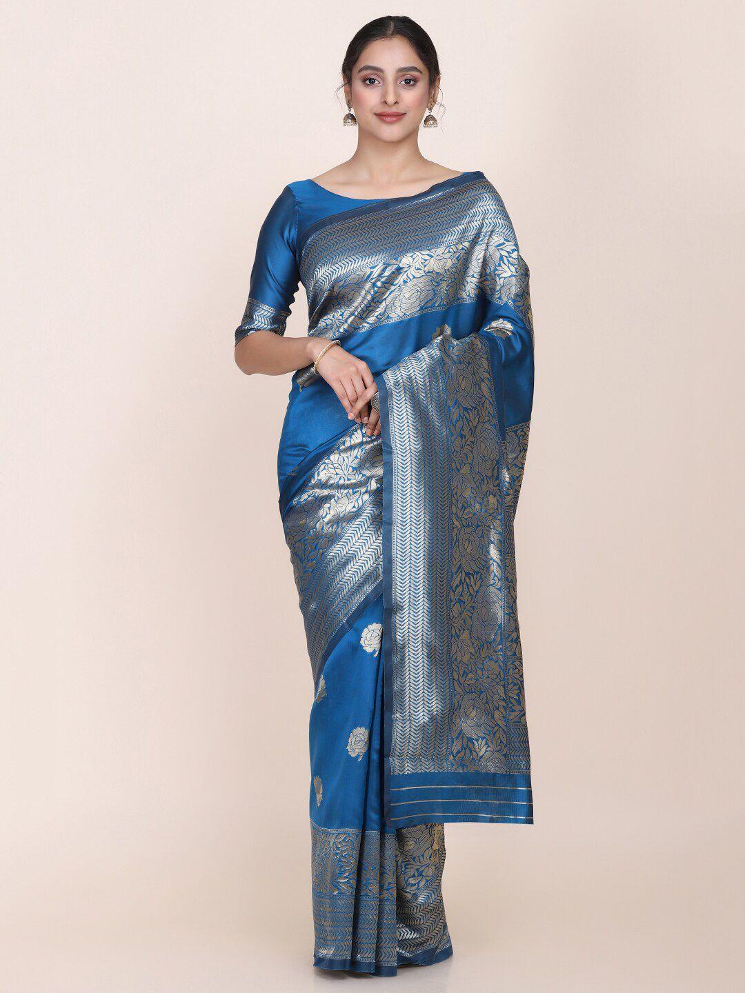 shaily women turquoise blue woven designed saree