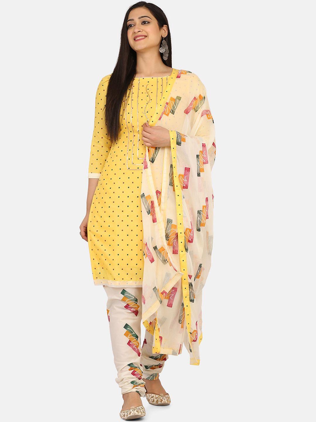 shaily yellow & cream-coloured cotton blend unstitched dress material