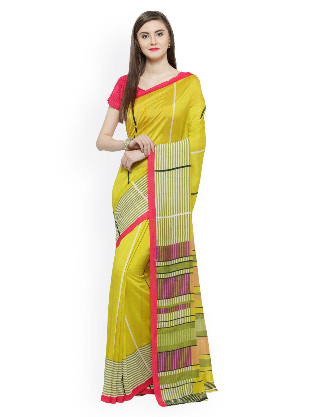 shaily yellow & green silk cotton printed saree