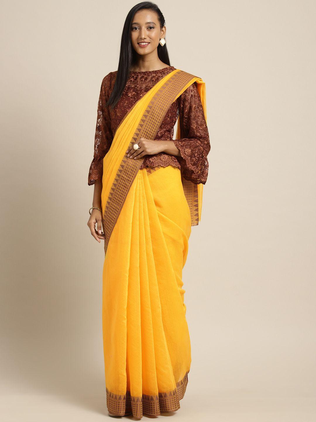 shaily yellow embellished linen lace work saree