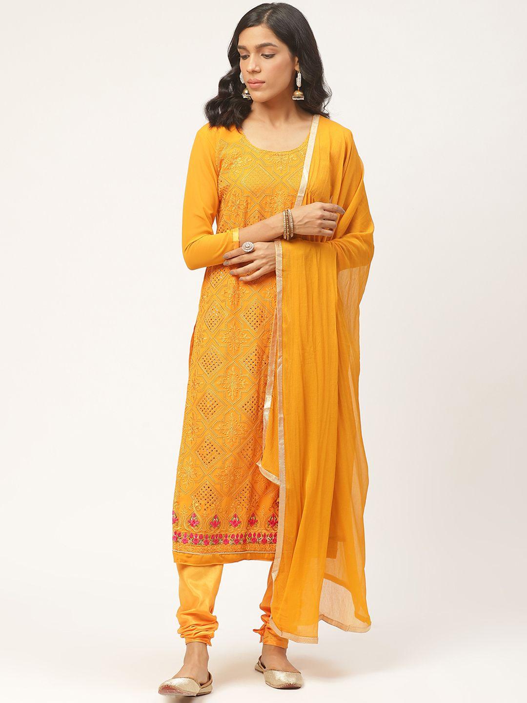 shaily yellow ethnic embroidered unstitched dress material with dupatta