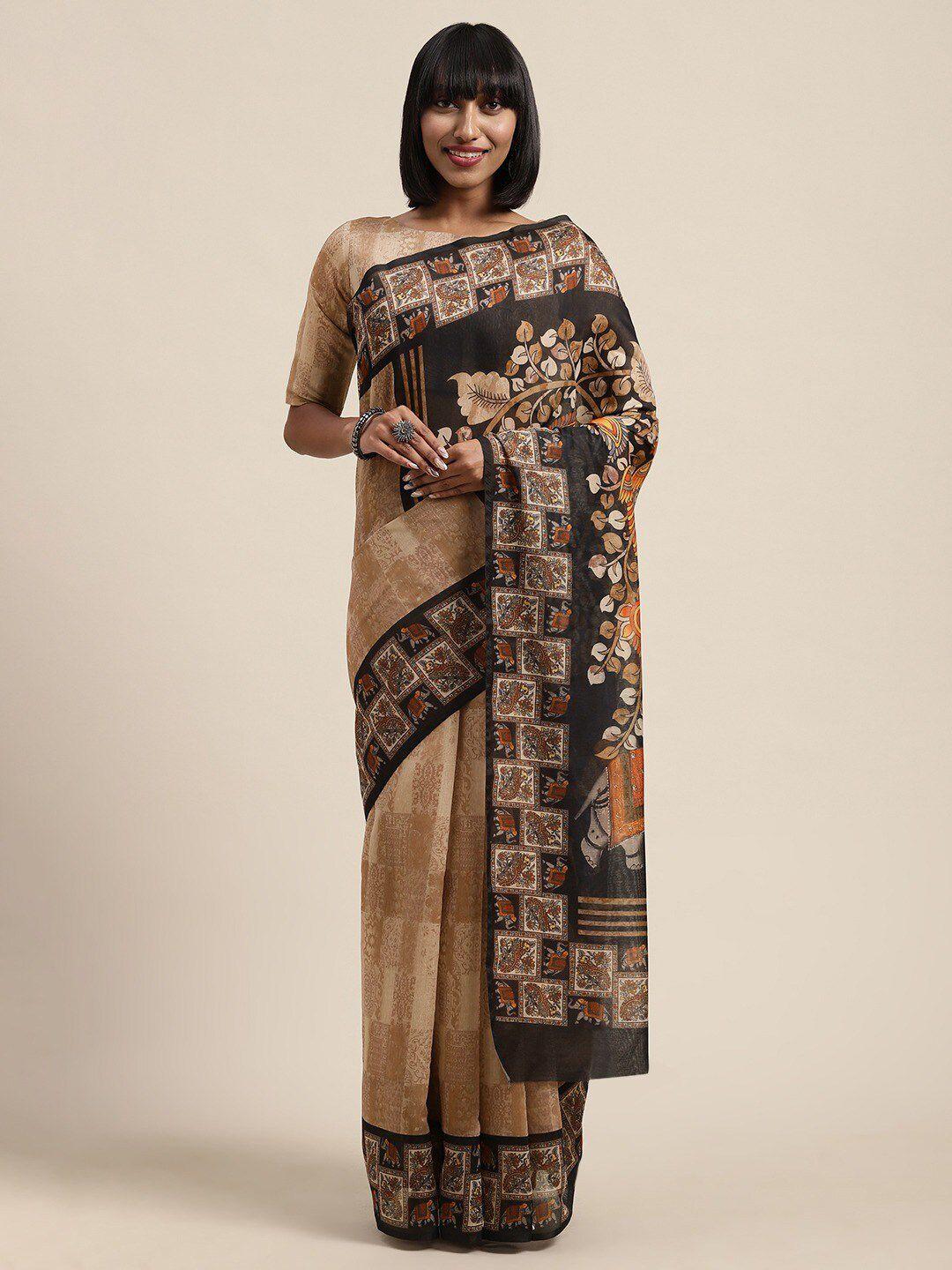 shaily beige & black kalamkari silk blend saree