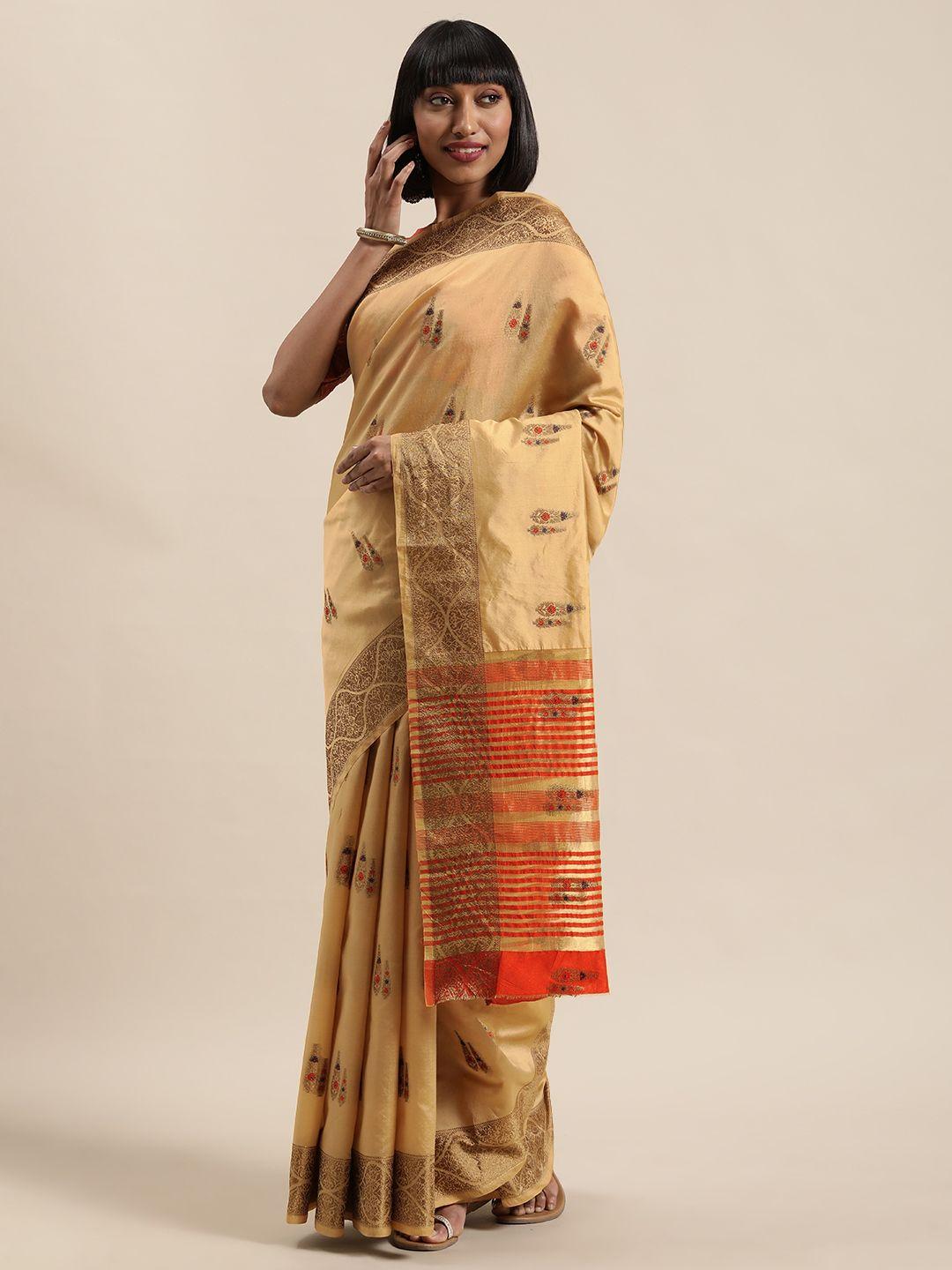 shaily beige & gold-toned silk blend woven design saree