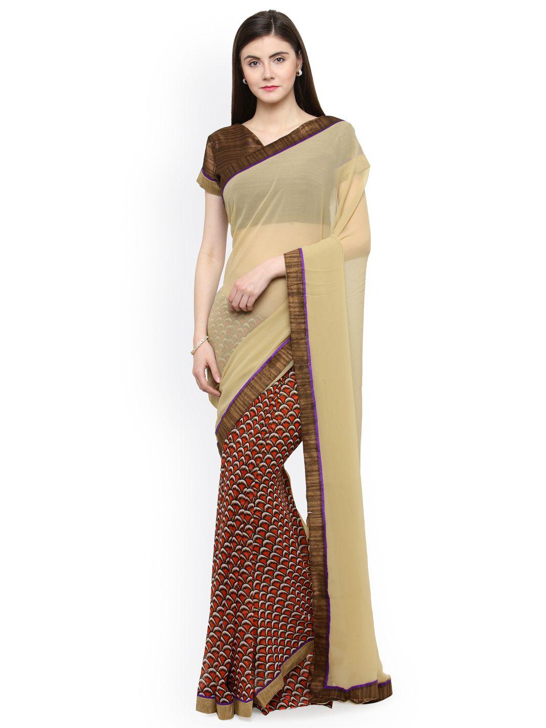 shaily beige & maroon pure georgette printed saree