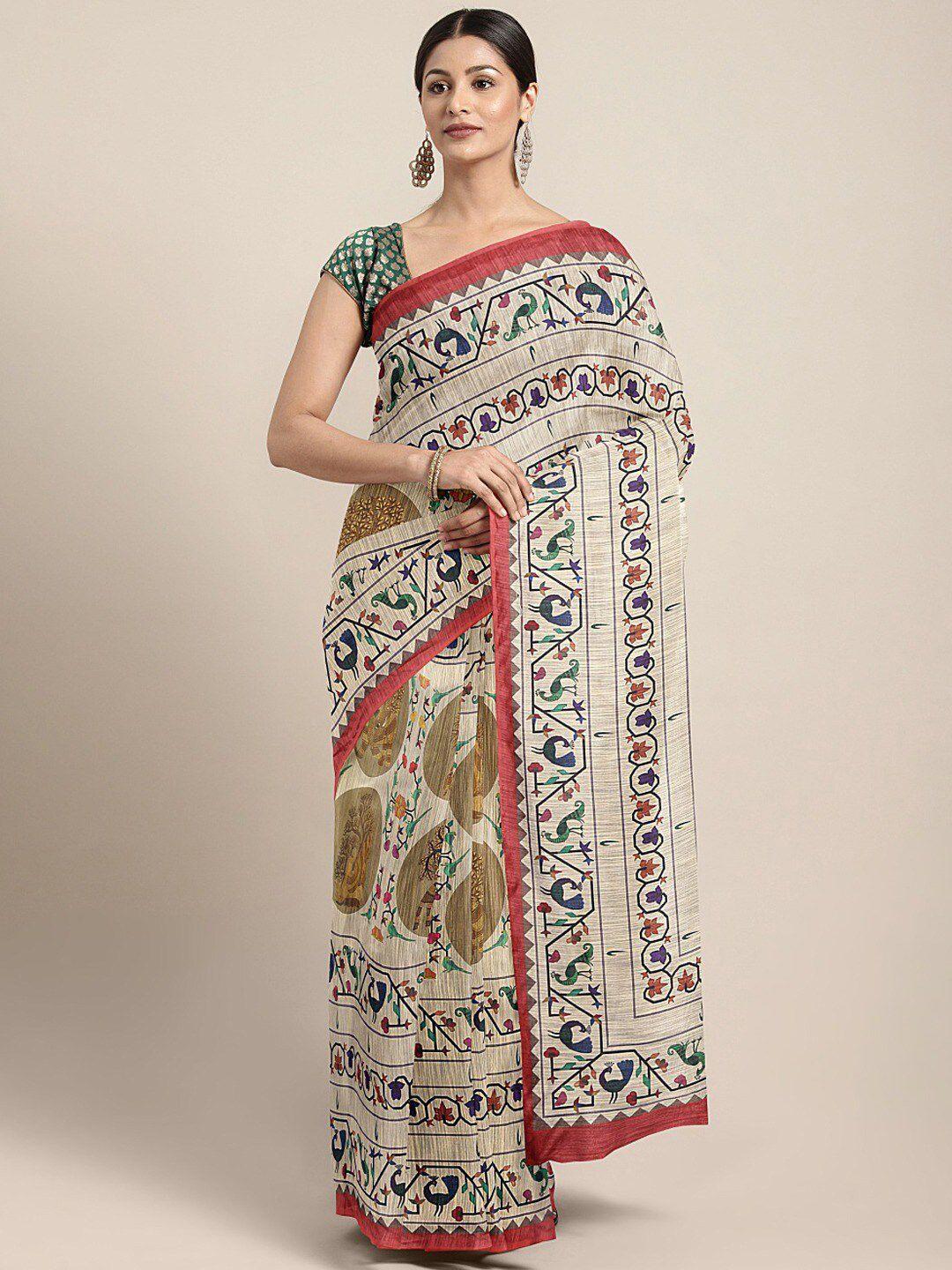 shaily beige & red ethnic motifs silk blend saree