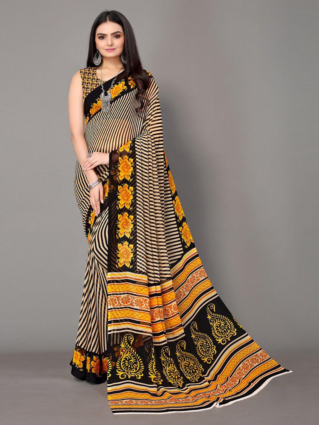 shaily beige & yellow striped pure georgette saree