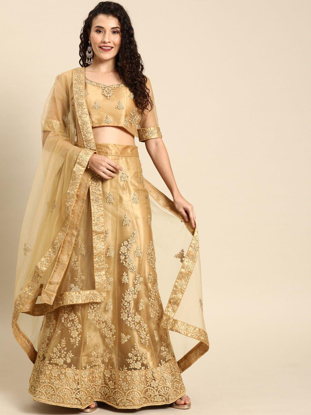 shaily beige embroidered semi-stitched lehenga & unstitched blouse with dupatta