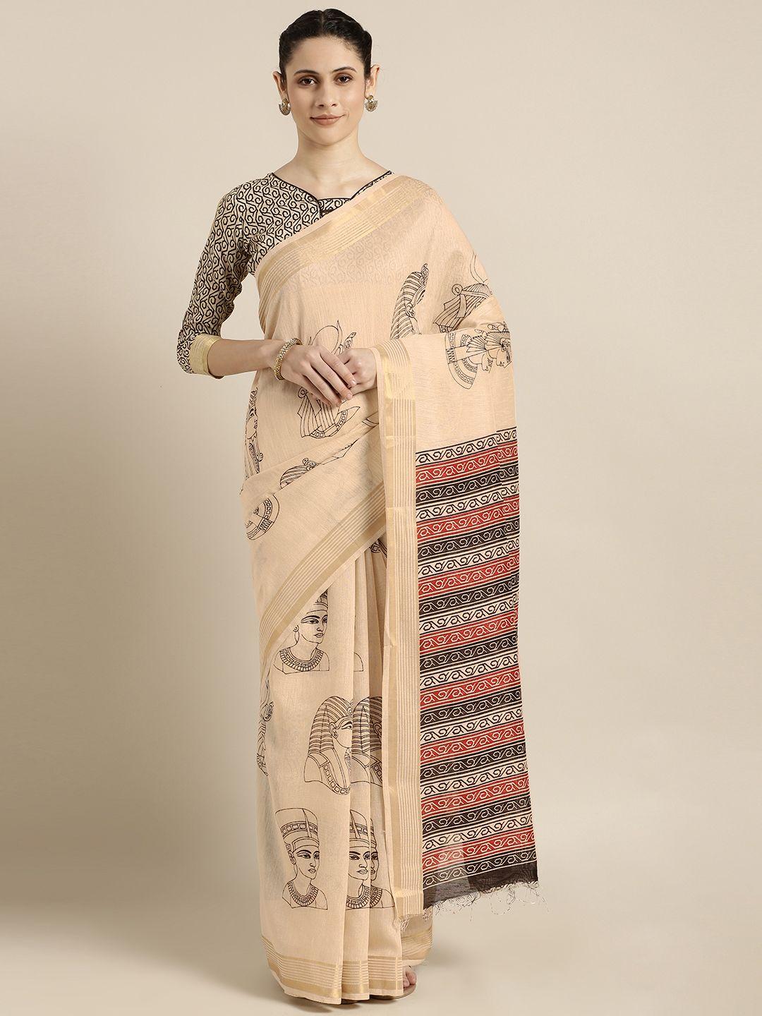 shaily beige printed cotton blend saree
