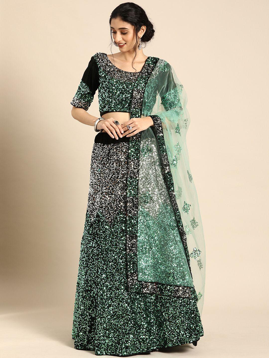 shaily black & green embellished semi-stitched lehenga & unstitched blouse with dupatta