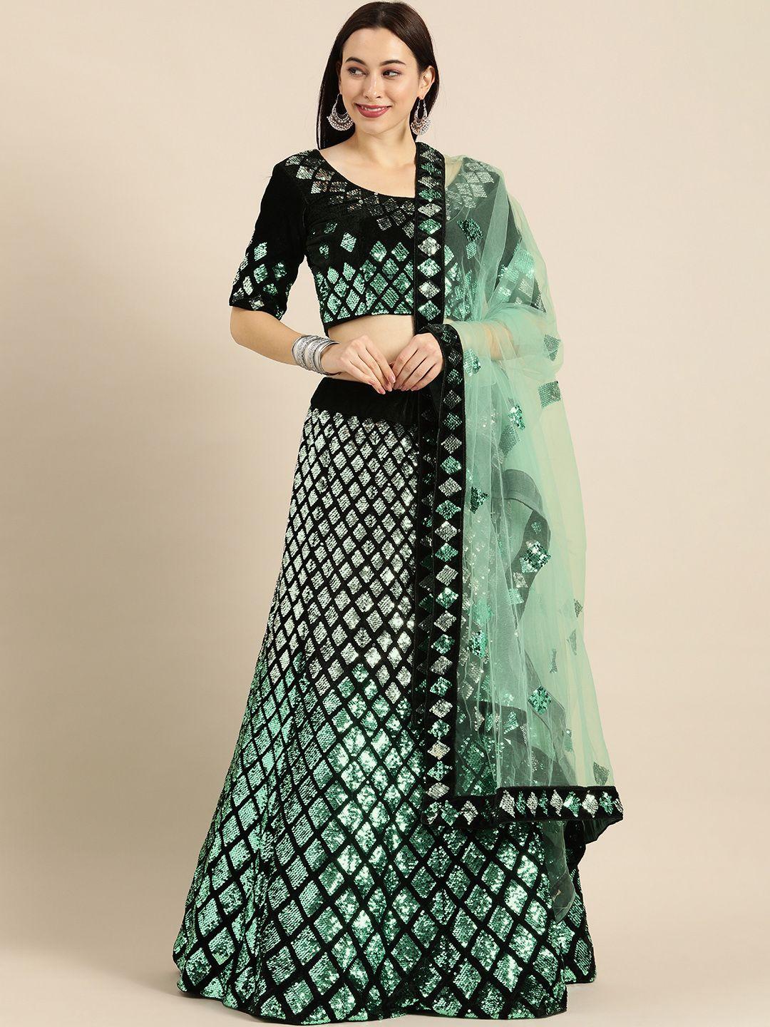 shaily black & green embellished semi-stitched lehenga & unstitched blouse with dupatta