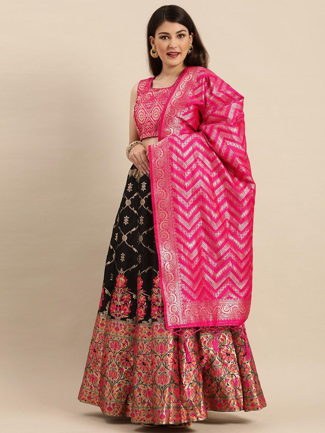 shaily black & pink woven design semi-stitched lehenga & unstitched blouse with dupatta