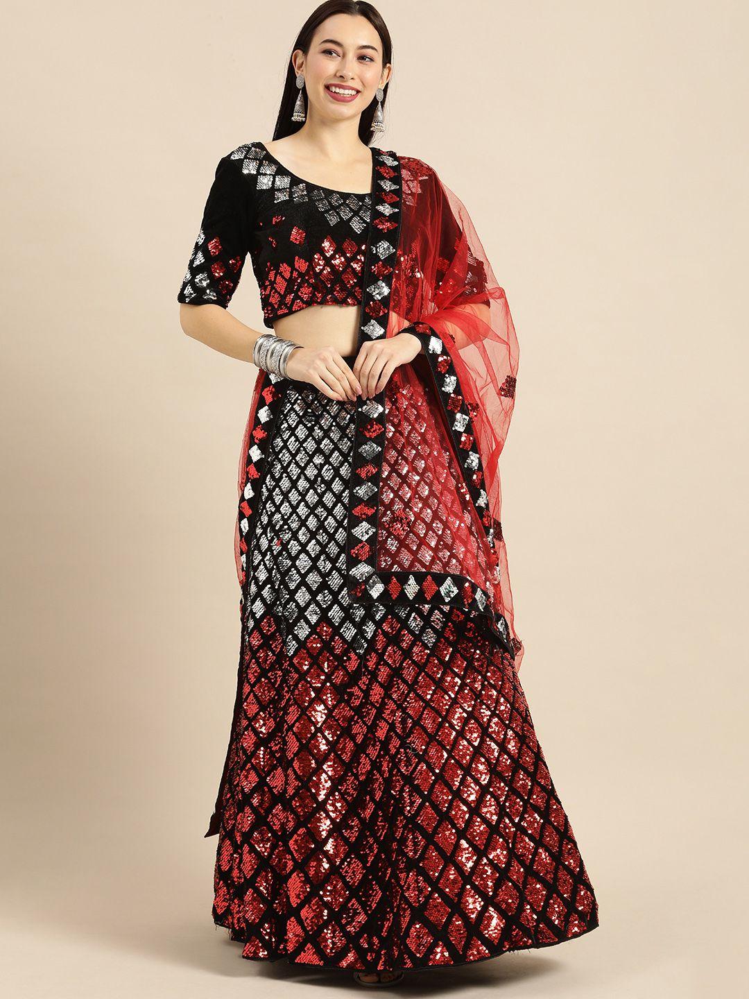 shaily black & red embellished semi-stitched lehenga & unstitched blouse with dupatta