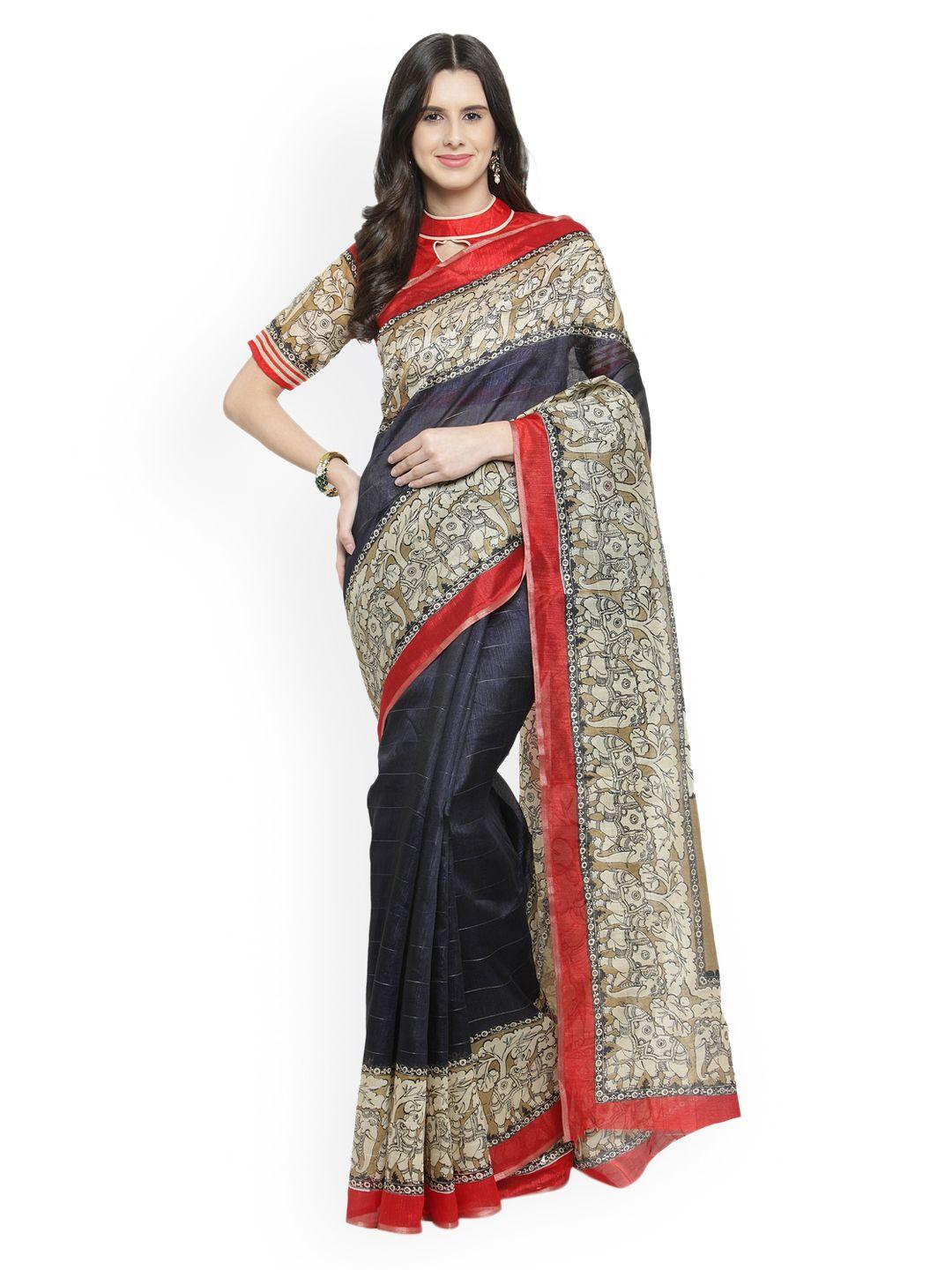 shaily black printed silk cotton saree