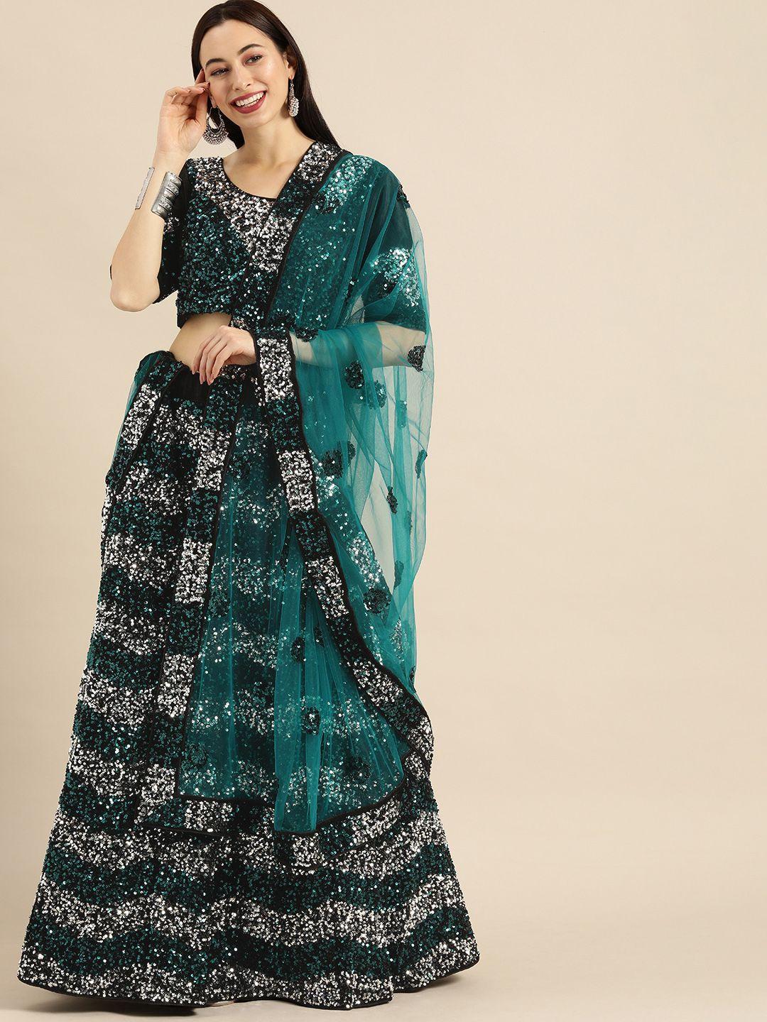 shaily blue & silver-toned embellished semi-stitched lehenga & unstitched blouse with dupatta