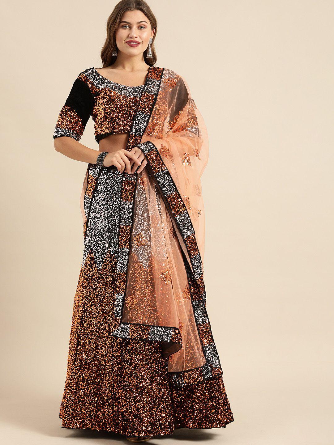 shaily brown & silver-toned embellished semi-stitched lehenga & unstitched blouse with dupatta