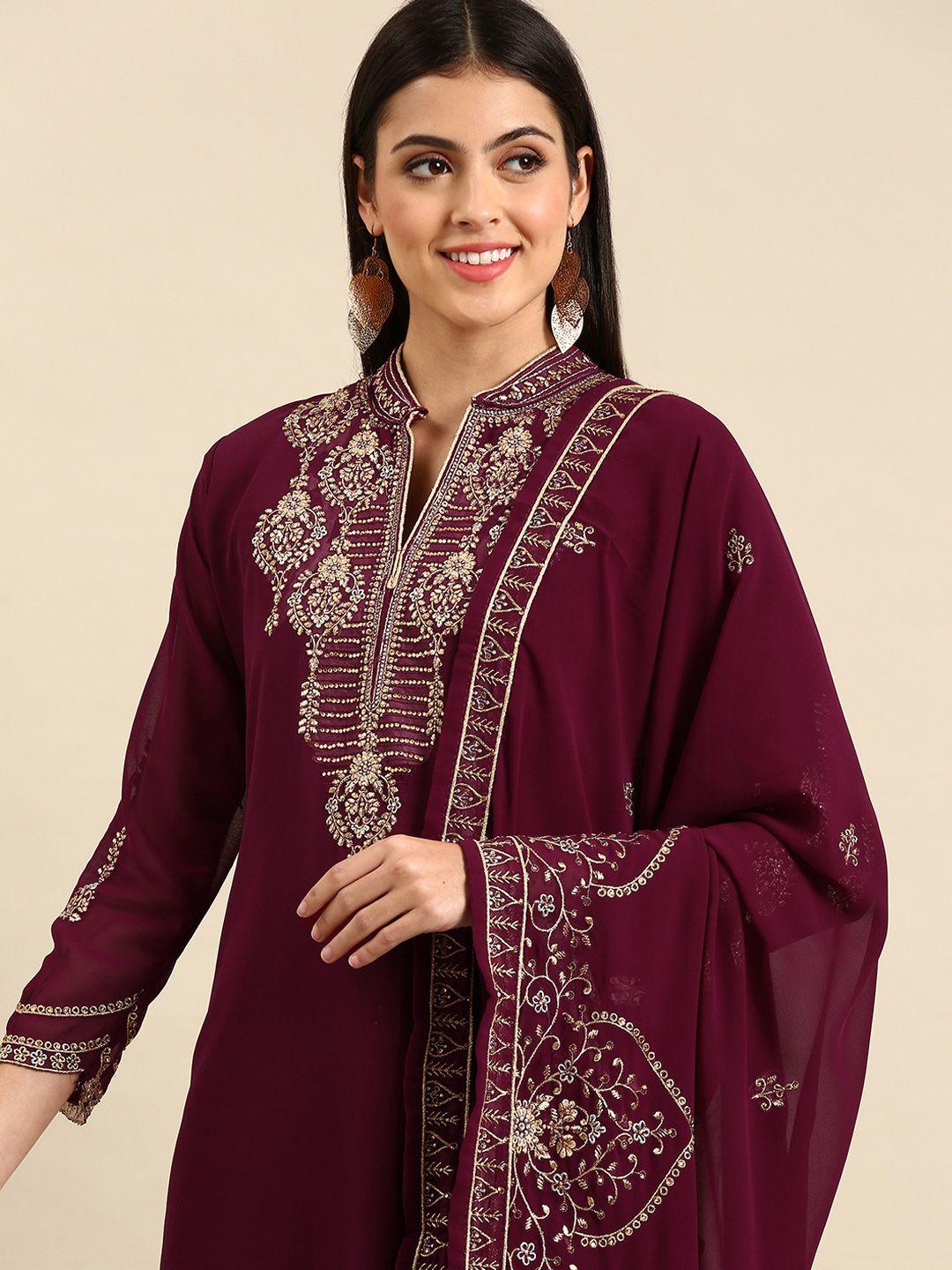 shaily burgundy embroidered silk georgette unstitched dress material
